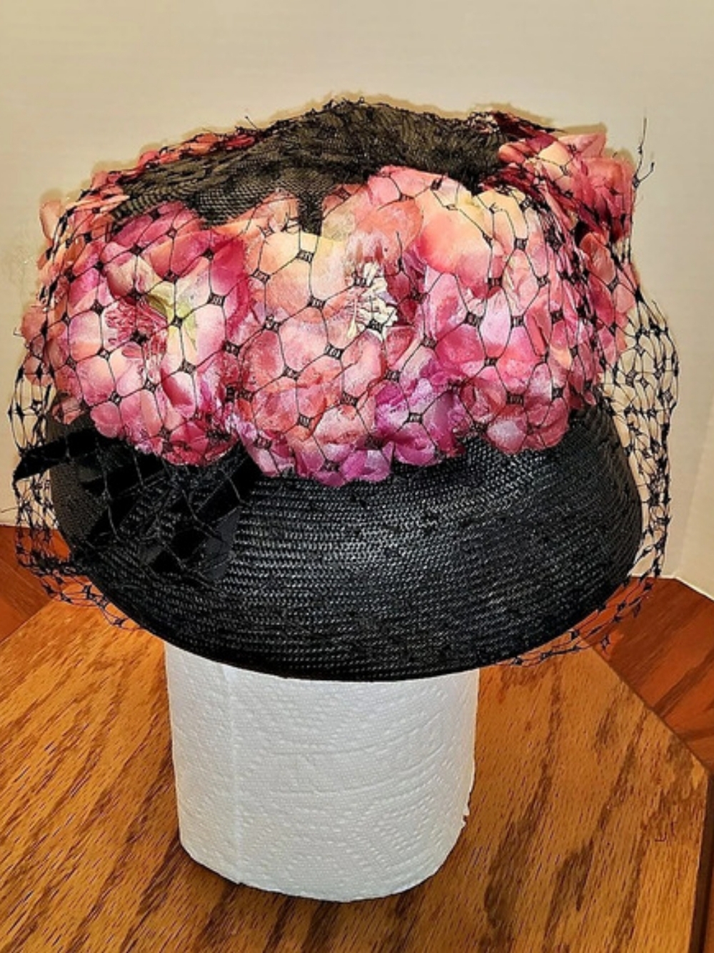 Pierre Cardin Floral Veiled Hat in Black & Pink